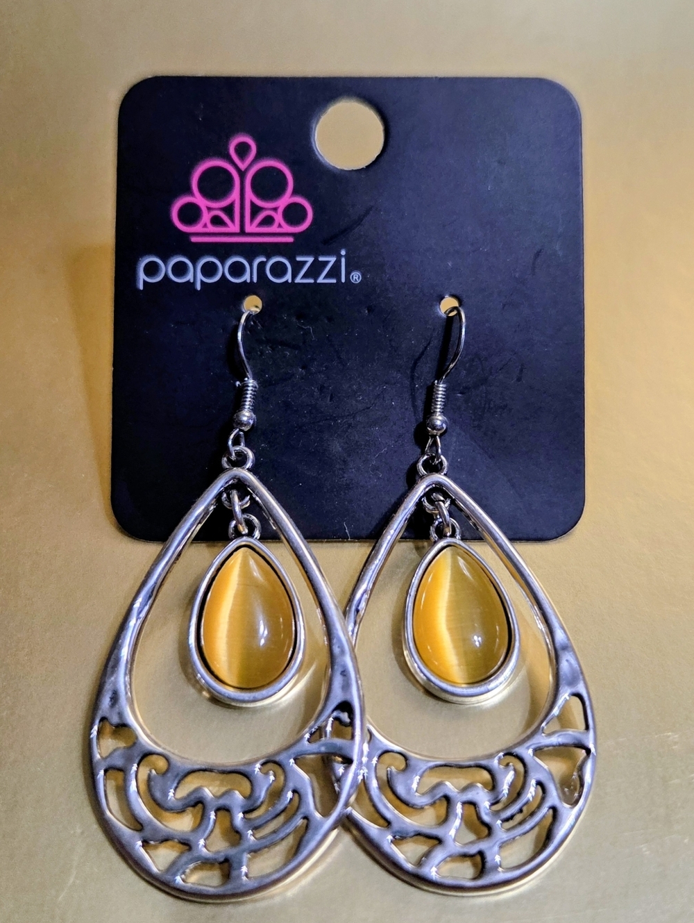 Paparazzi Silver Teardrop Earrings with Amber Yellow Cabochons